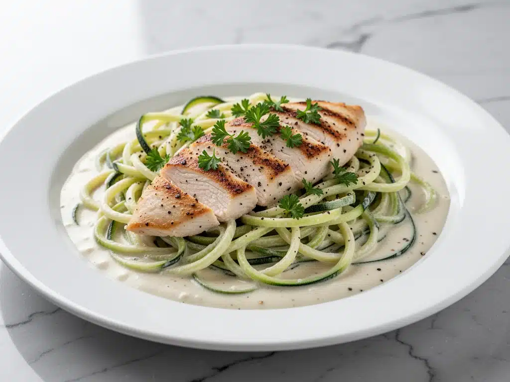 low-carb zucchini noodle chicken alfredo - featured image