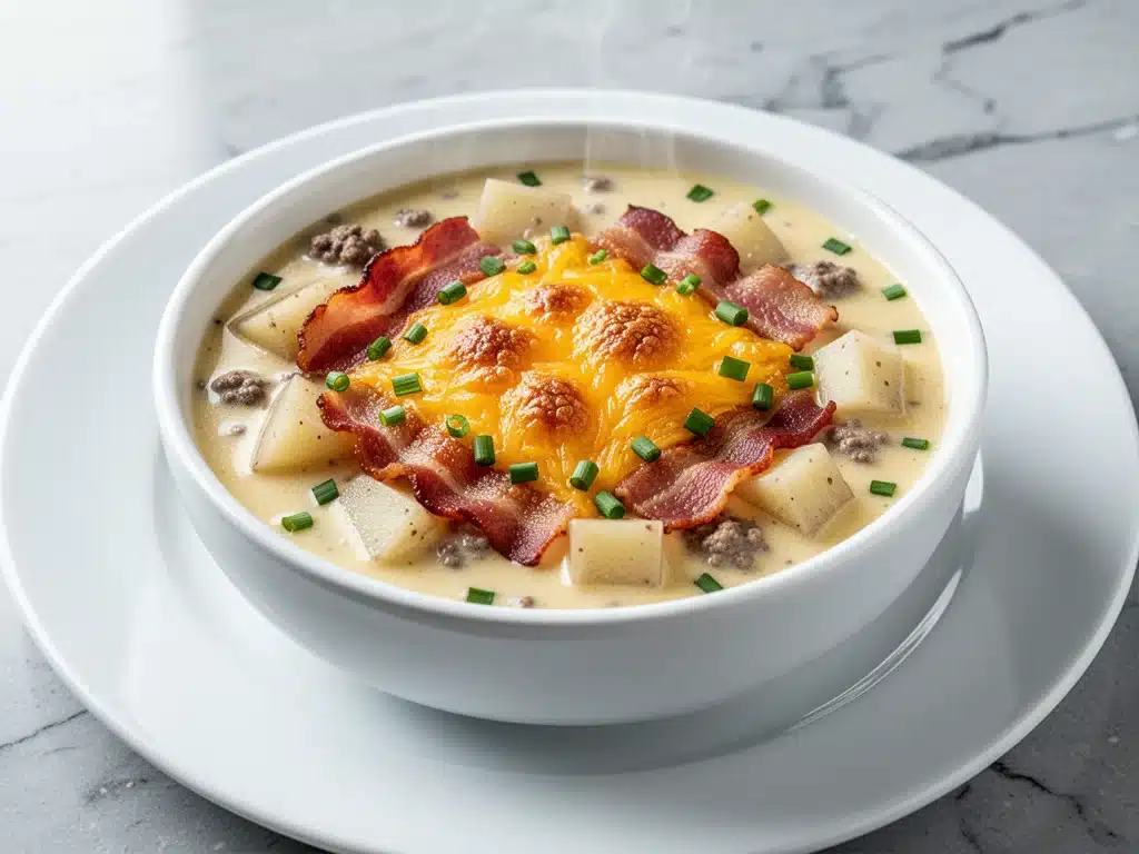 cheesy baked cheeseburger potato soup - featured image