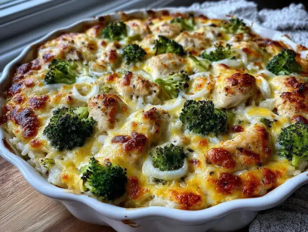 cheesy chicken broccoli rice casserole - featured image