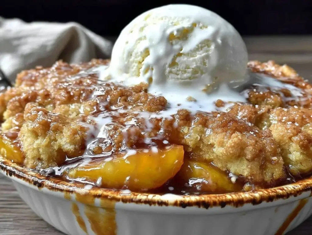 labor day bourbon peach cobbler - featured image
