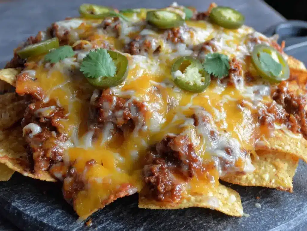 loaded cheesy nachos with ground beef and jalapeños - featured image