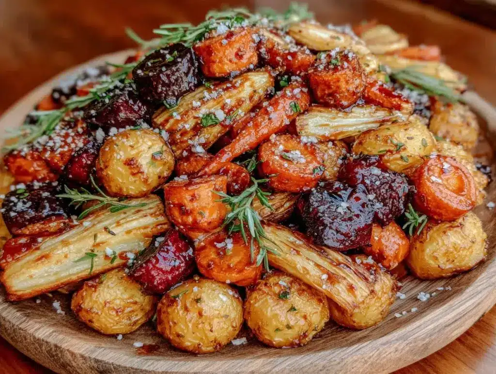 maple balsamic roasted root vegetables - featured image