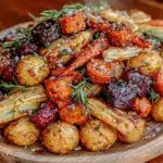 maple balsamic roasted root vegetables - featured image