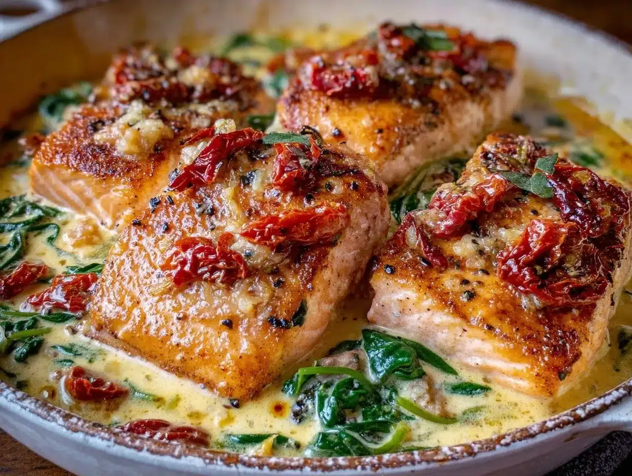 One Pan Creamy Tuscan Salmon: 15-Min Dinner Party Star 4 one pan creamy Tuscan salmon preparation steps